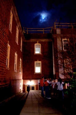 The line at Ritenour awaits while the moon shines over the normally creepy building.