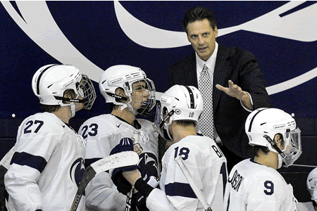 The Nittany Lions listening to Gadowsky in their first Division 1 season. (Photo: College Hockey Inc.)