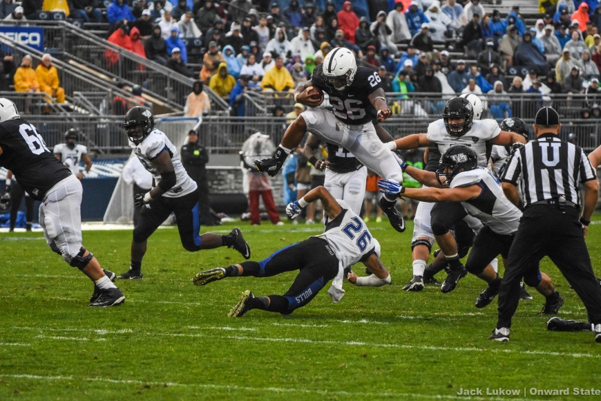 The first home is a rainy one, but Penn State wins 27-14 over Buffalo. Saquon Barkley makes a name for himself with his famous leap.