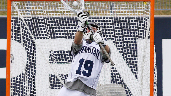 Penn State goalkeeper Will Schreiner (19) makes a save in sudden victory overtime against Harvard on March 12, 2016. The Nittany Lions upset No. 8 Harvard 13-12 in sudden victory overtime. Photo/Craig houtz
